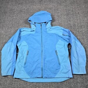 LL Bean Jacket Womens Medium Petite Blue Hooded Full Zip Nylon Rain Coat 267301